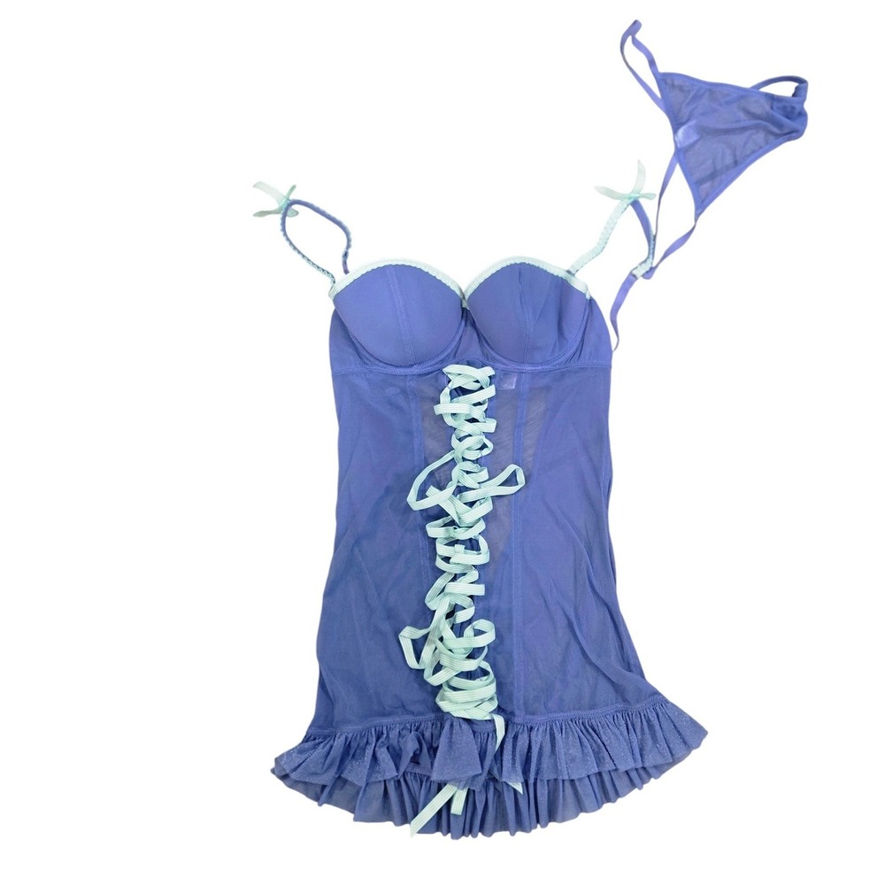 Fredericks of Hollywood Blue Mesh Lace Up Chemise Lingerie Set 34‎ Medium